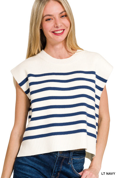 OVERSIZED CREW NECK STRIPE SWEATER VEST WHITE WITH BLUE STRIPES