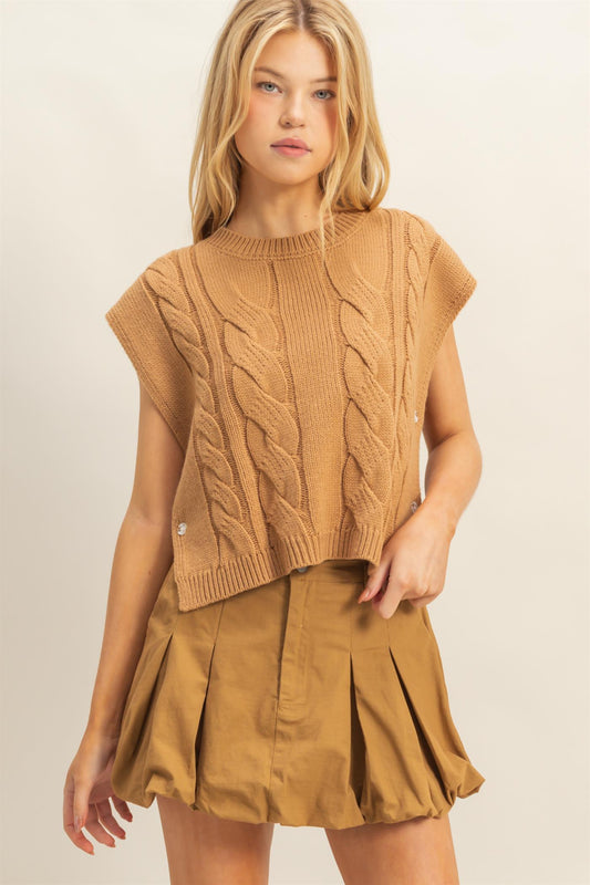 Cable Knit Sleeveless Sweater With Side Buttons