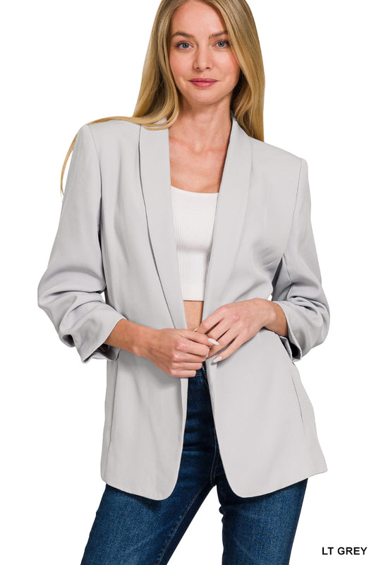 WOVEN 3/4 RUCHED SLEEVE OPEN FRONT CLASSIC BLAZER