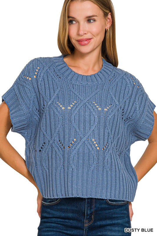 CABLE KNIT SHORT SLEEVE SWEATER