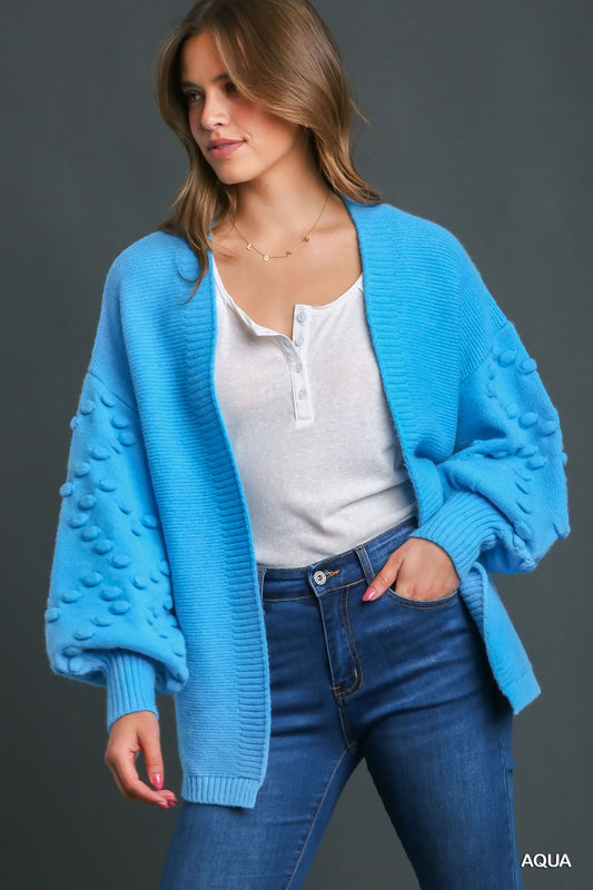 Aqua Open Front Cardigan Sweater with Pom Pom Detailed Sleeves