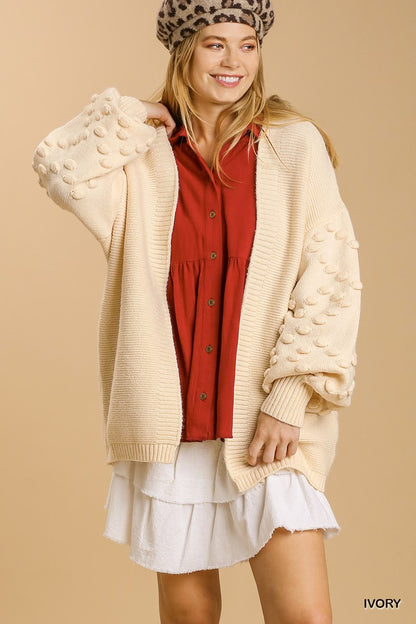 Ivory Open Front Cardigan Sweater with Pom Pom Details On Sleeves