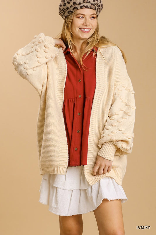 Ivory Open Front Cardigan Sweater with Pom Pom Details On Sleeves