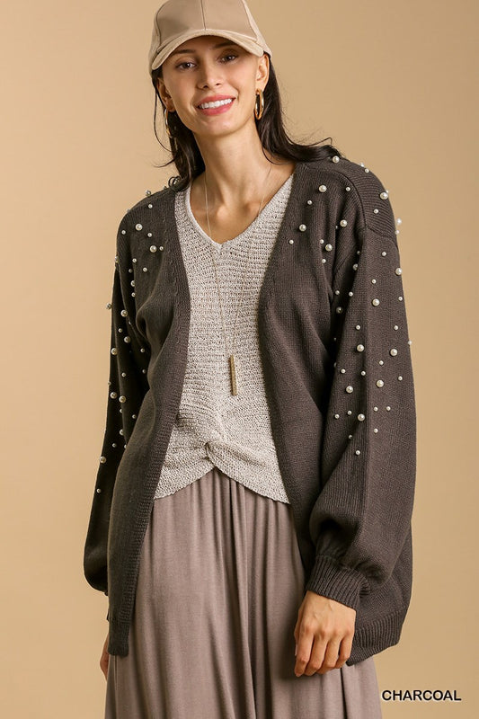 Charcoal Open Front Cardigan with Long Sleeve Pearl Details