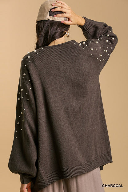 Charcoal Open Front Cardigan with Long Sleeve Pearl Details