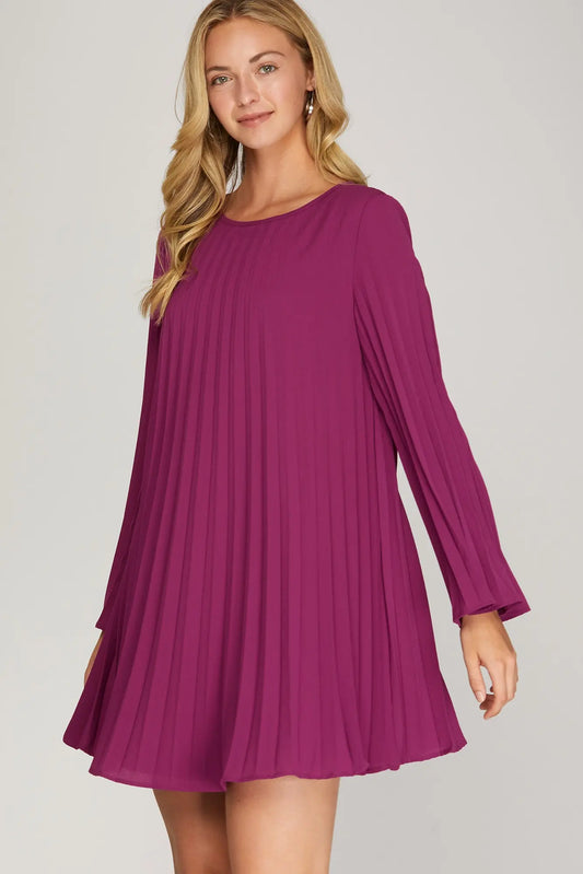 BERRY LONG SLEEVE PLEATED WOVEN DRESS