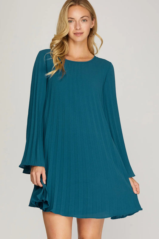 TEAL GREEN LONG SLEEVE PLEATED WOVEN DRESS
