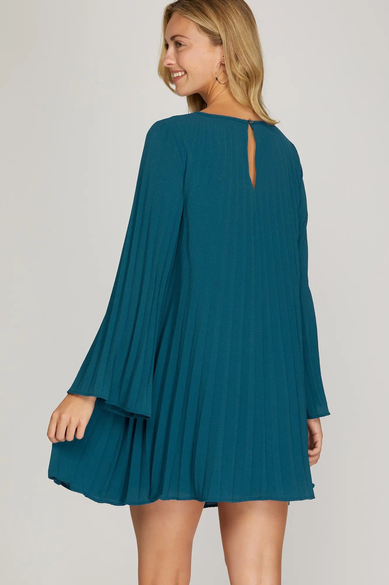 TEAL GREEN LONG SLEEVE PLEATED WOVEN DRESS
