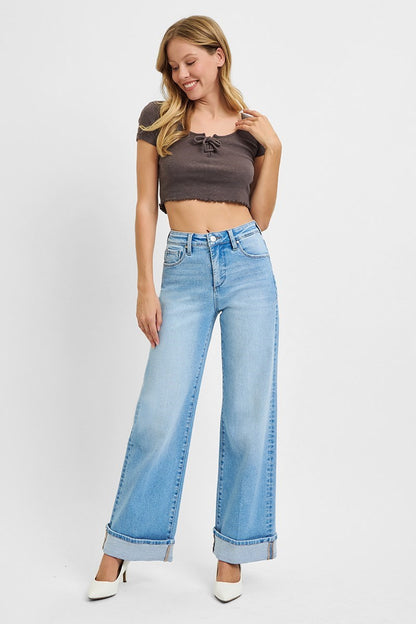 TUMMY CONTROL HIGH RISE LONG INSEAM WIDE LEG WITH CUFFED JEANS