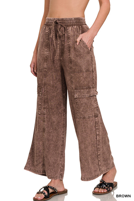 WASHED LINEN ELASTIC BAND WAIST CARGO PANTS