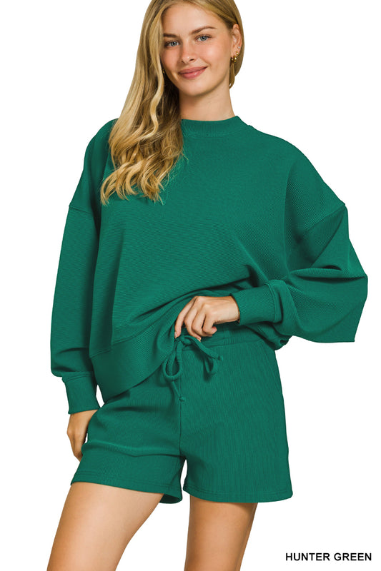 RIBBED ROUND NECK PULLOVER & SHORTS SET