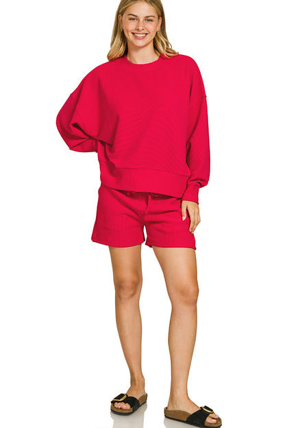 RIBBED ROUND NECK PULLOVER & SHORTS SET