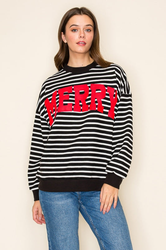 "MERRY" STRIPE L/S GRAPHIC CLOUDY KNIT SWEATSHIRT