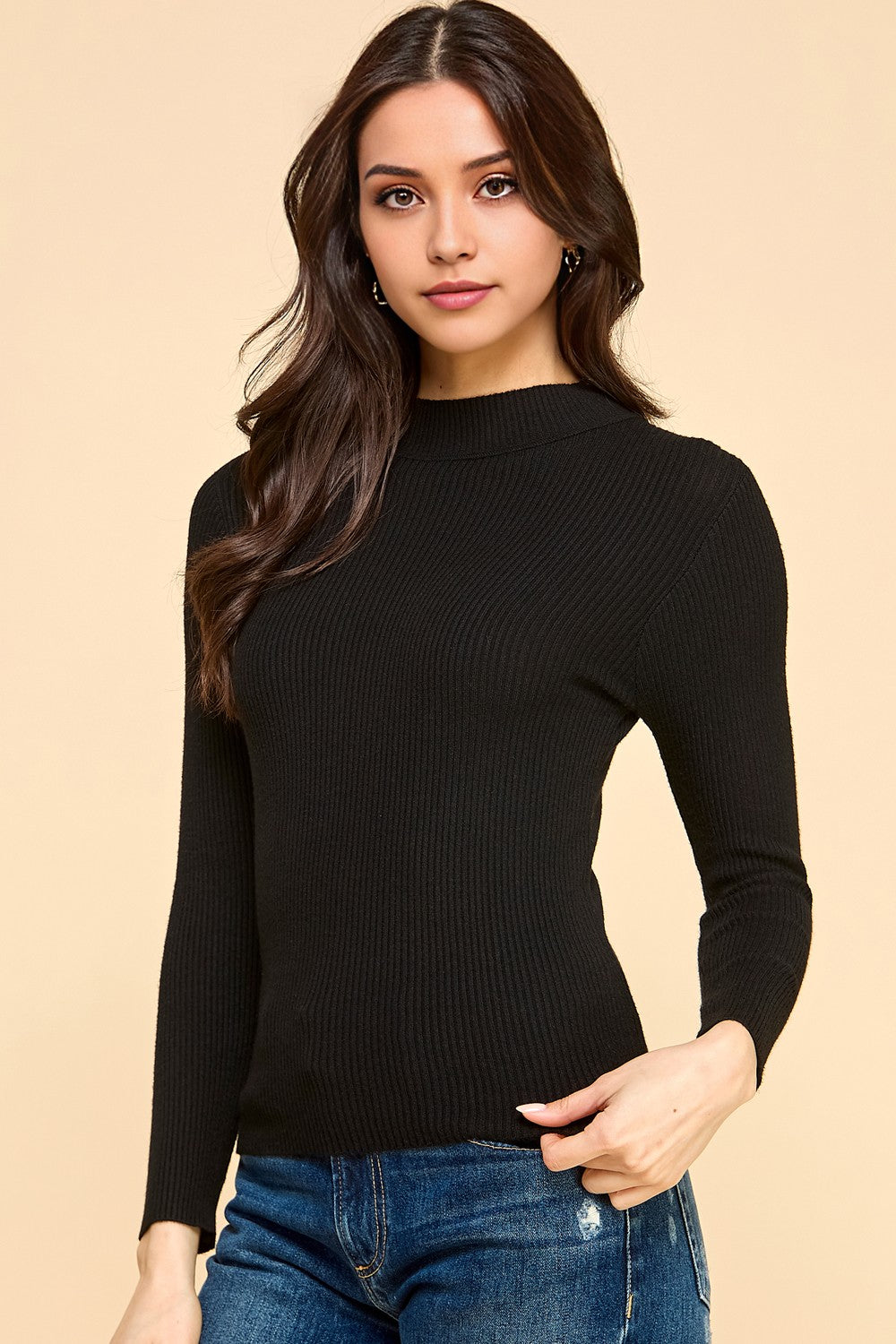 Black Classic Mock Neck Long Sleeve Knit Sweater