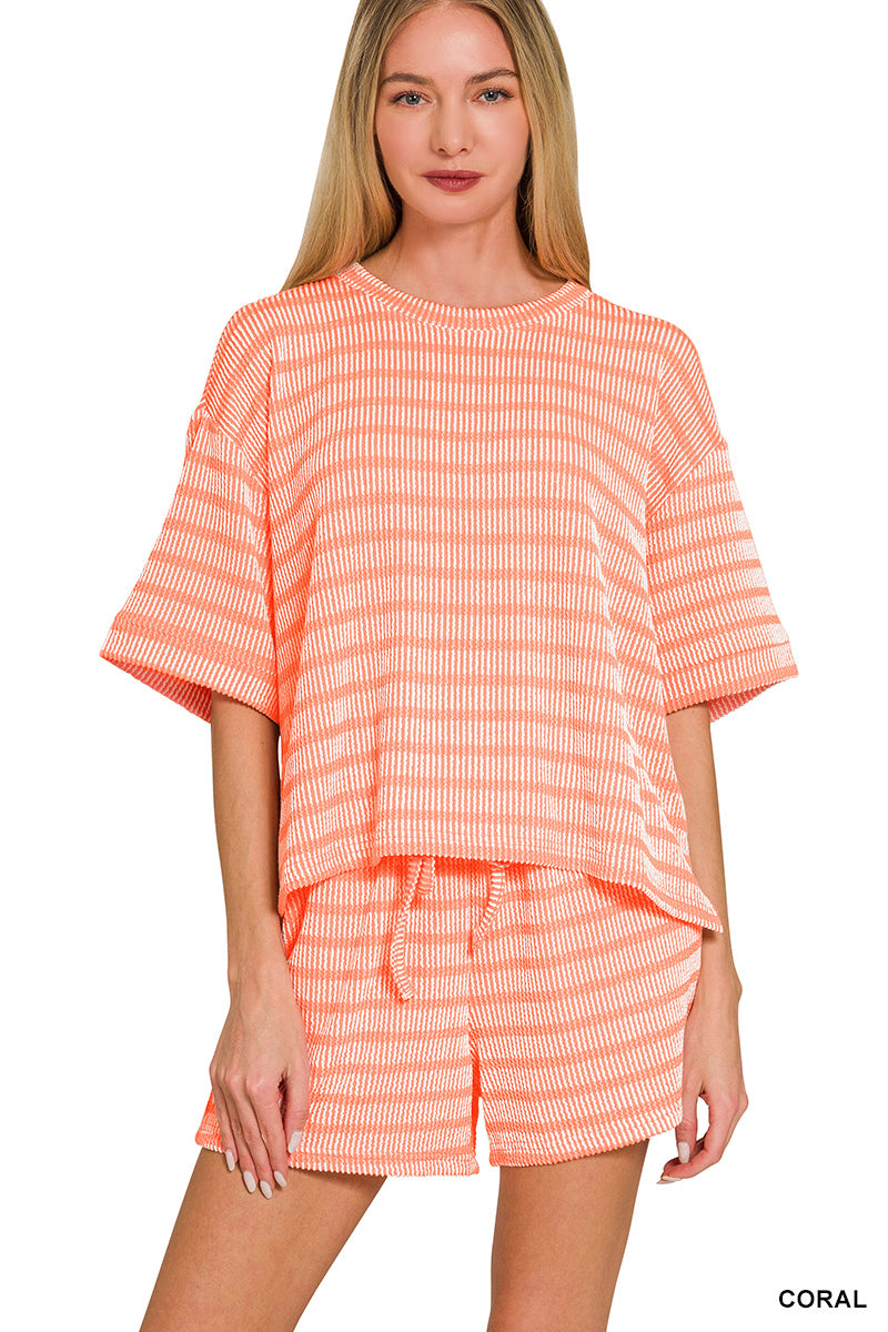 Coral striped shorts set