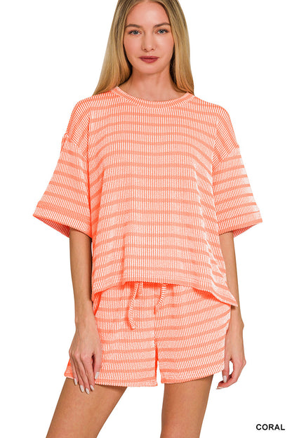 Coral striped shorts set