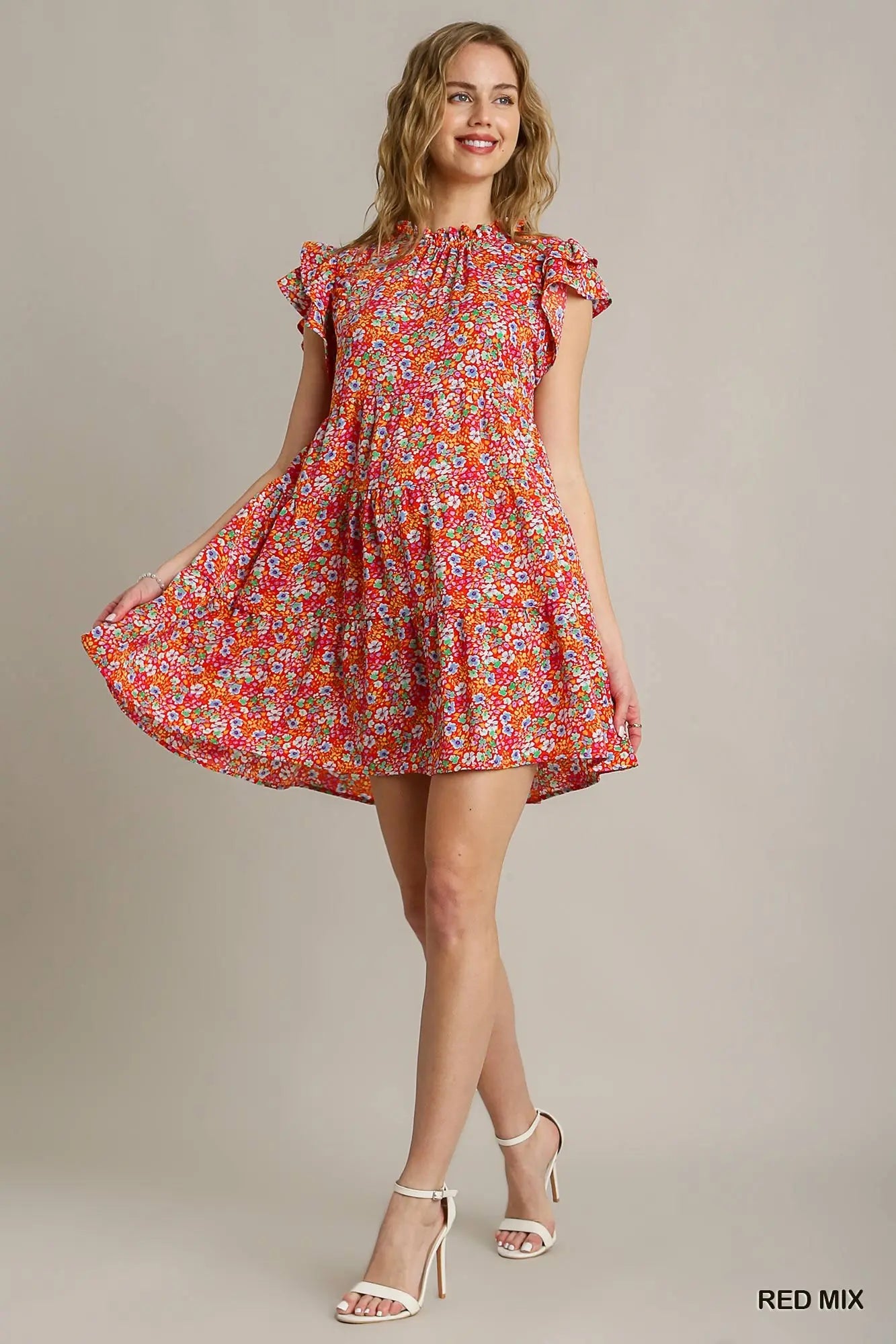 Red floral print mini dress