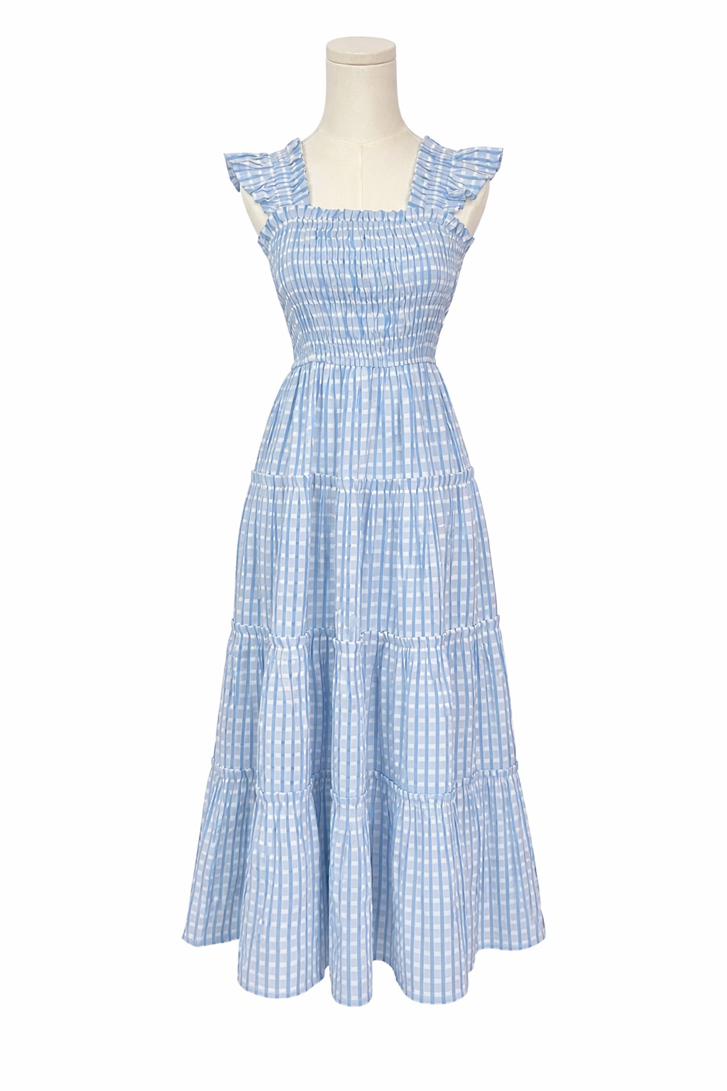 Checkered Seersucker Smocked A-Line Dress with Ruffle Tiered Details & Ruffle Flutter Sleeve