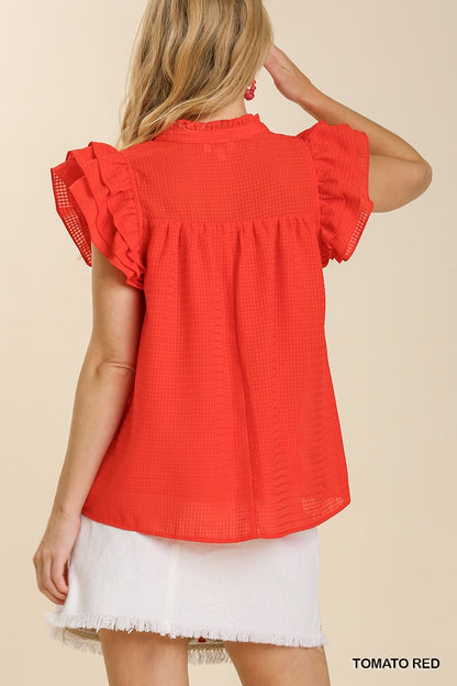 Organza Layered Ruffle Sleeve Split Neck Top with Ruffle Hem Neckline