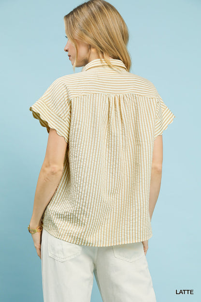 Striped Button-Down Top with Scallop Sleeves Latte