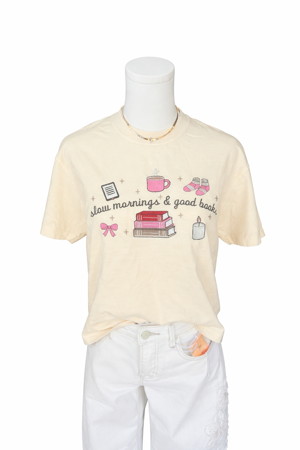 “Slow mornings & Good books” embroidered tee