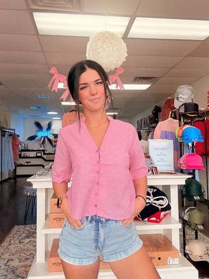 Floral Eyelet Mandarin Collar Top