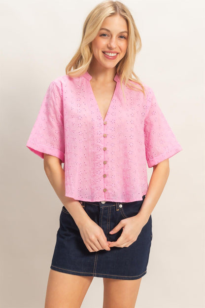 Floral Eyelet Mandarin Collar Top