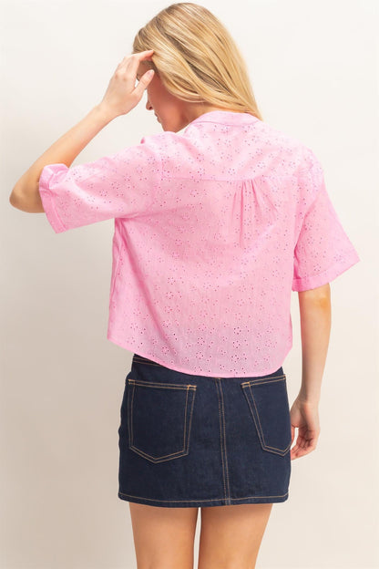 Floral Eyelet Mandarin Collar Top