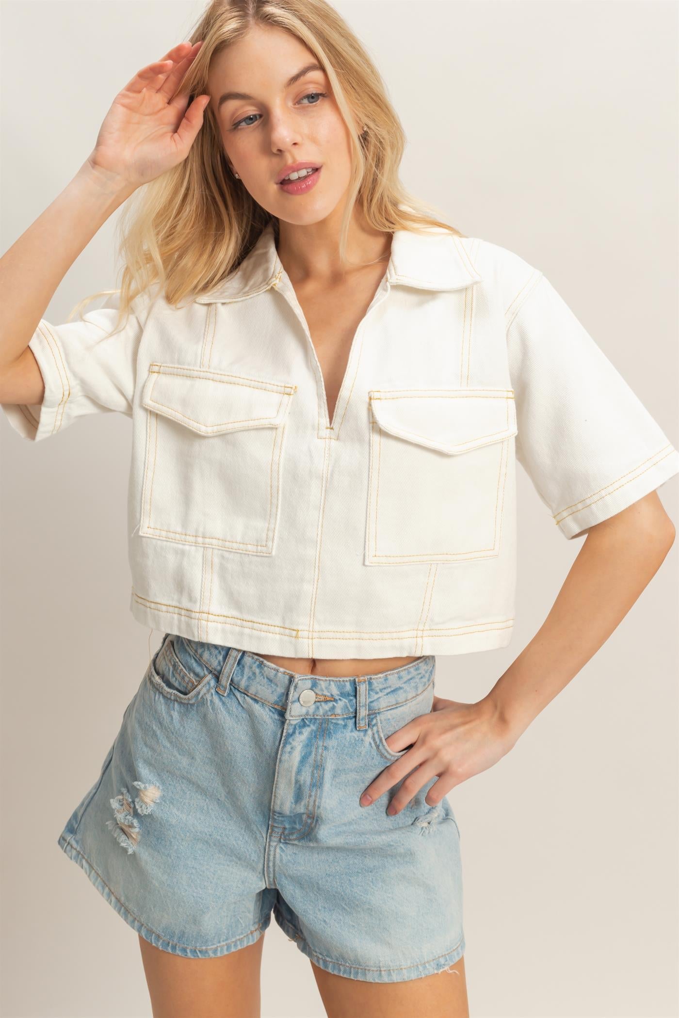 Denim V-Neck Cropped Top