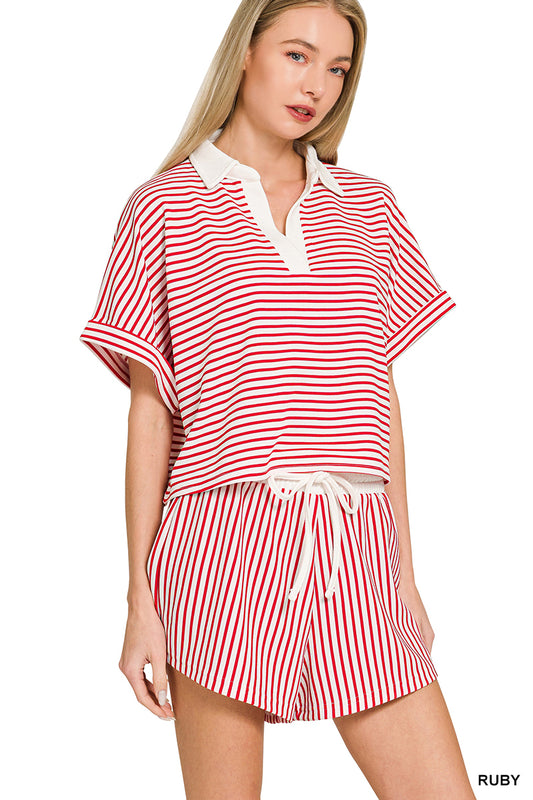 STRIPED COLLARED TOP & SHORTS SET
