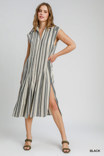 Pintucked Striped Midi Dress
