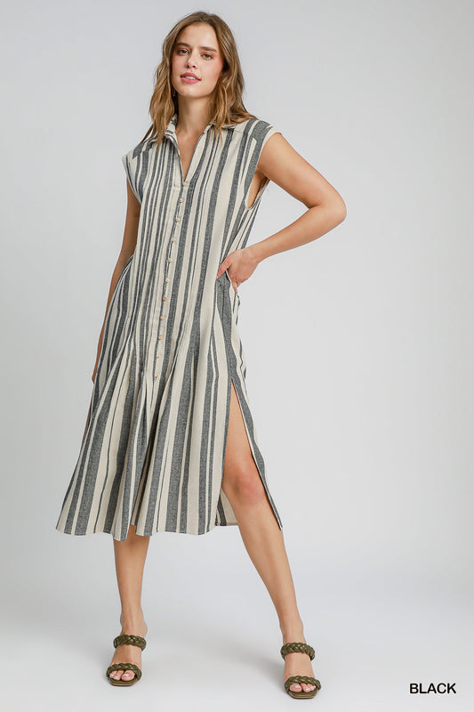 Pintucked Striped Midi Dress
