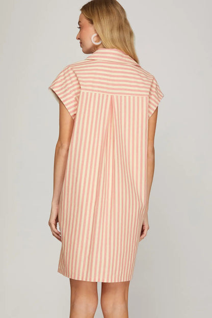 DROP SLEEVE WOVEN STRIPE COLLARED BUTTON DOWN MINI DRESS WITH LINING AND POCKETS