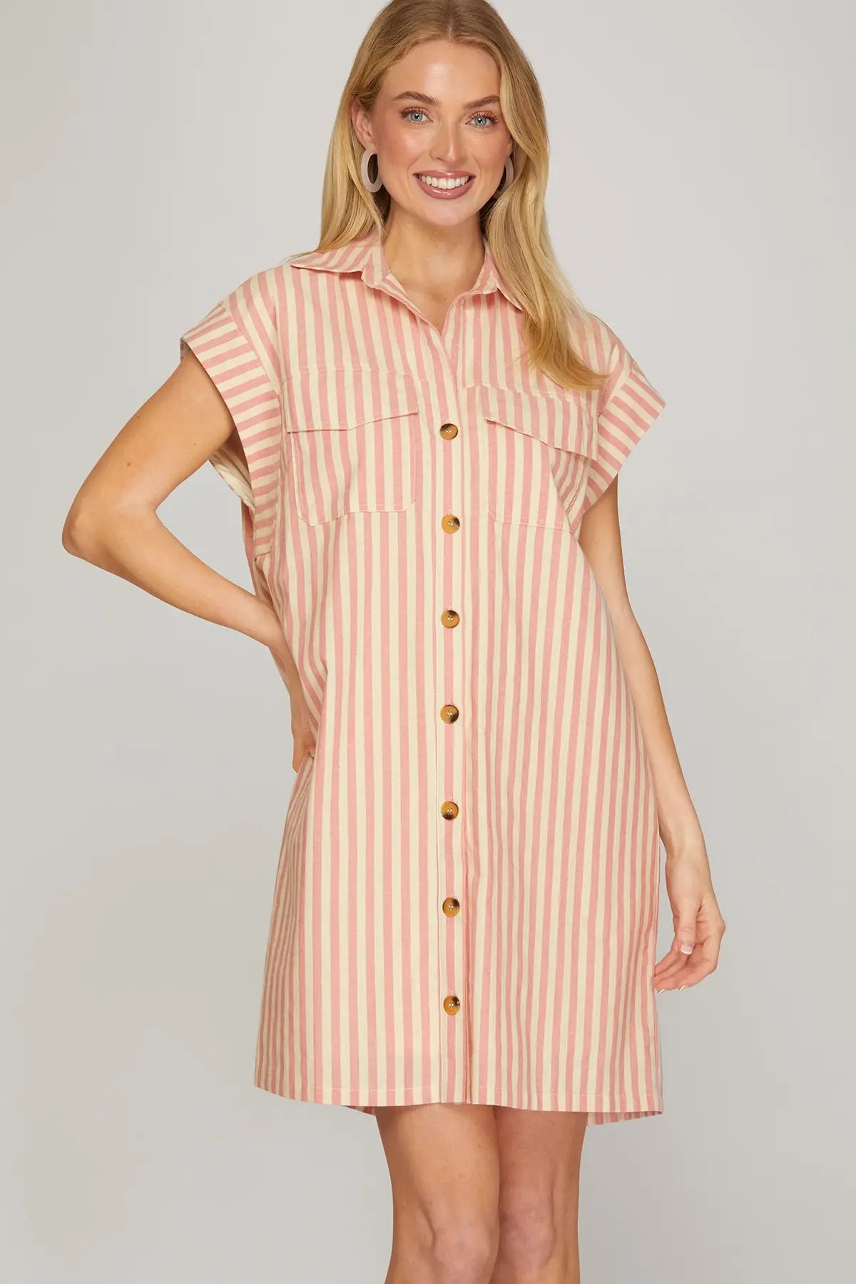 DROP SLEEVE WOVEN STRIPE COLLARED BUTTON DOWN MINI DRESS WITH LINING AND POCKETS