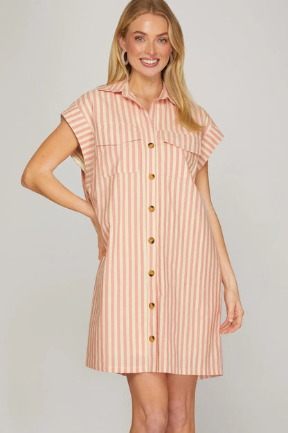 DROP SLEEVE WOVEN STRIPE COLLARED BUTTON DOWN MINI DRESS WITH LINING AND POCKETS