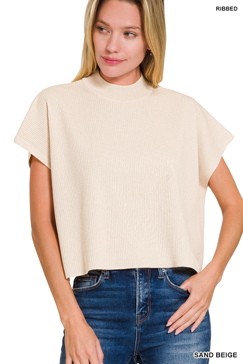 VISCOSE MOCK NECK SHORT SLEEVE BOXY SWEATER