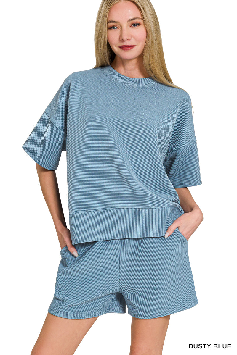 RIBBED ROUND NECK WAIST BANDED TEE & SHORTS SET