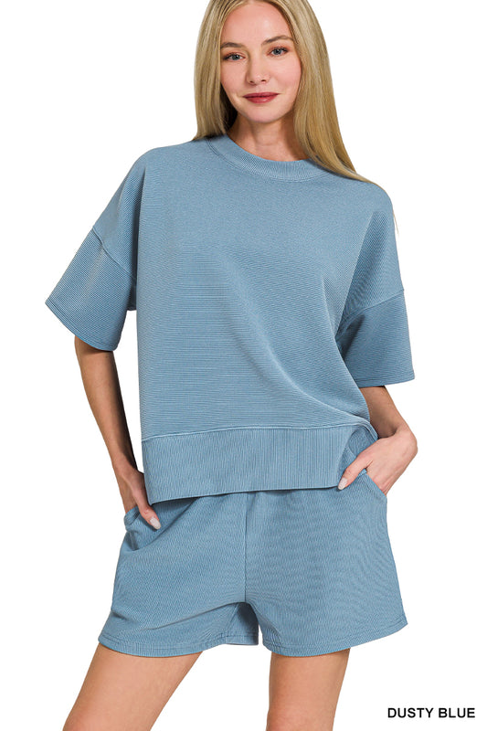 RIBBED ROUND NECK WAIST BANDED TEE & SHORTS SET