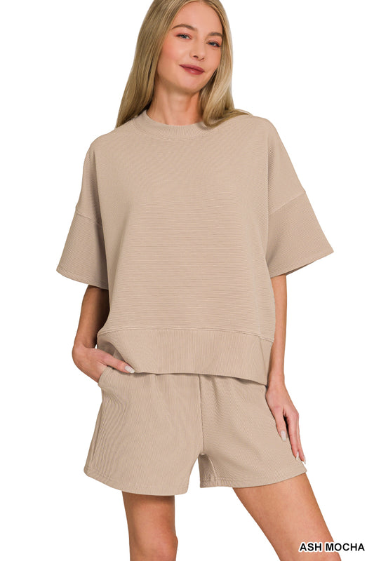 RIBBED ROUND NECK WAIST BANDED TEE & SHORTS SET