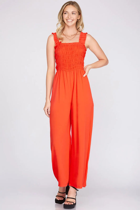 WOVEN SMOCKED JUMPSUIT WITH ELASTIC RUFFLED SHOULDER STRAP