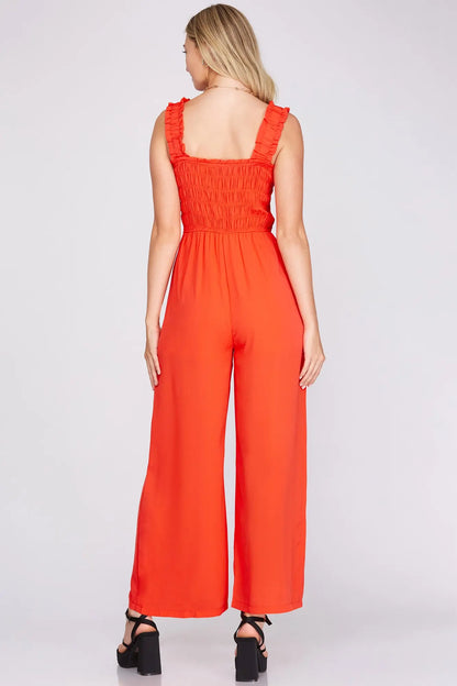 WOVEN SMOCKED JUMPSUIT WITH ELASTIC RUFFLED SHOULDER STRAP