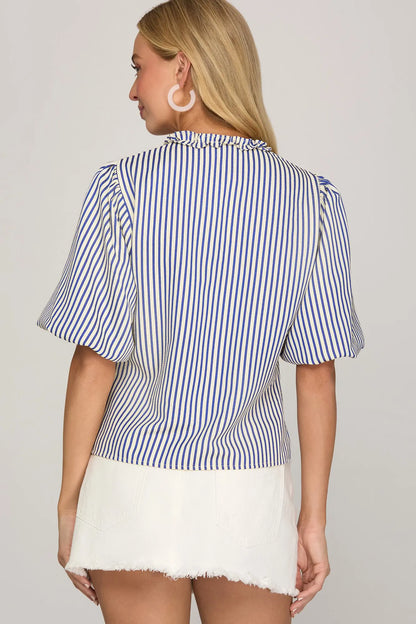 PUFF SLEEVE RUFFLED FRONT TIE WOVEN STRIPE TOP