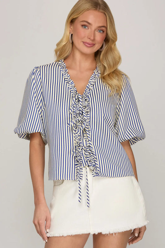 PUFF SLEEVE RUFFLED FRONT TIE WOVEN STRIPE TOP
