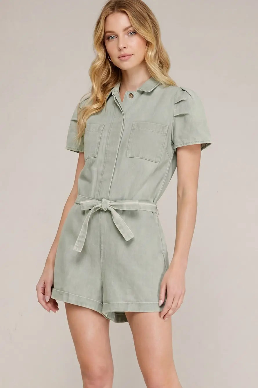 PUFF SLEEVE BUTTON DOWN ELASTIC WAIST WASH TWILL ROMPER WITH FRONT TIE AND POCKETS