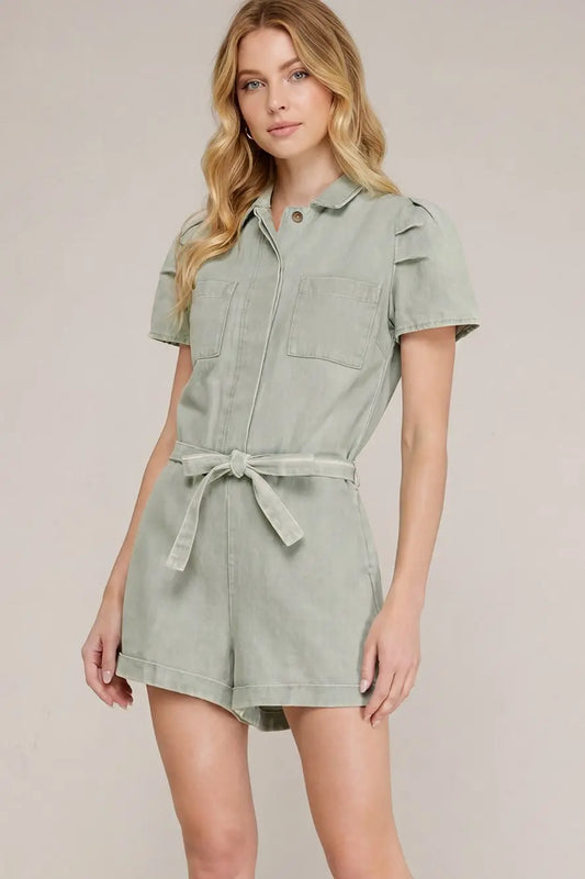 PUFF SLEEVE BUTTON DOWN ELASTIC WAIST WASH TWILL ROMPER WITH FRONT TIE AND POCKETS