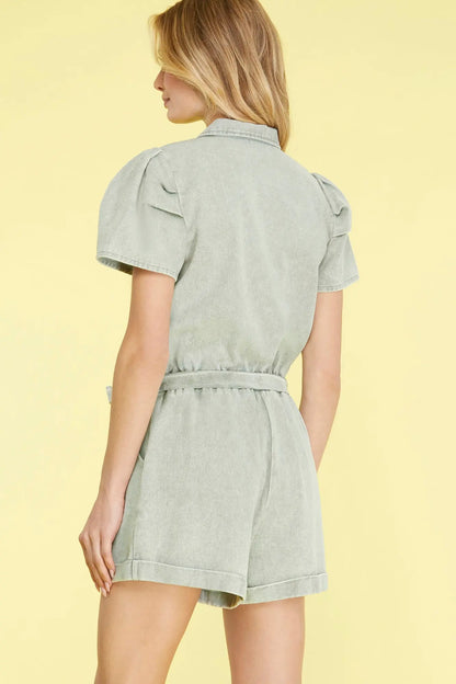 PUFF SLEEVE BUTTON DOWN ELASTIC WAIST WASH TWILL ROMPER WITH FRONT TIE AND POCKETS