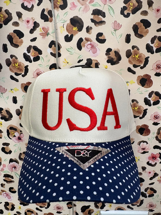 “USA” navy polka dot