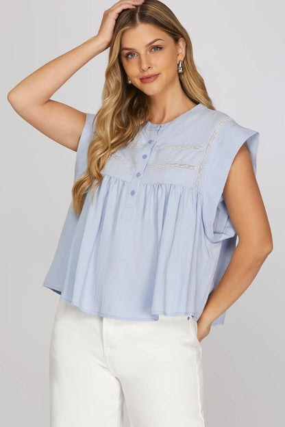 DROP SHOULDER LACED HALF FRONT BUTTON WOVEN TOP
