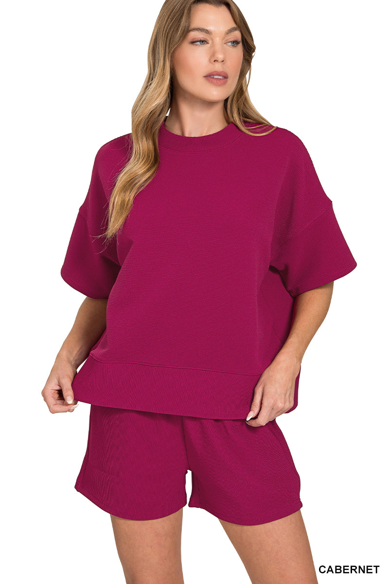 RIBBED ROUND NECK WAIST BANDED TEE & SHORTS SET