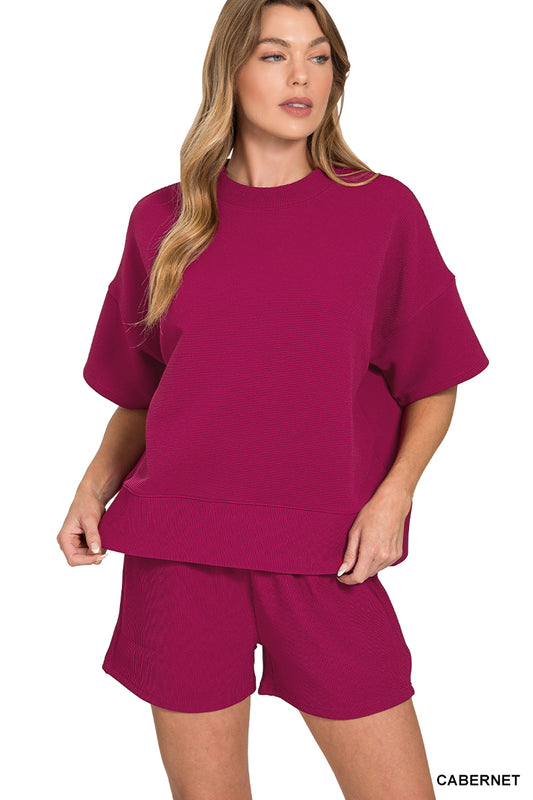 RIBBED ROUND NECK WAIST BANDED TEE & SHORTS SET